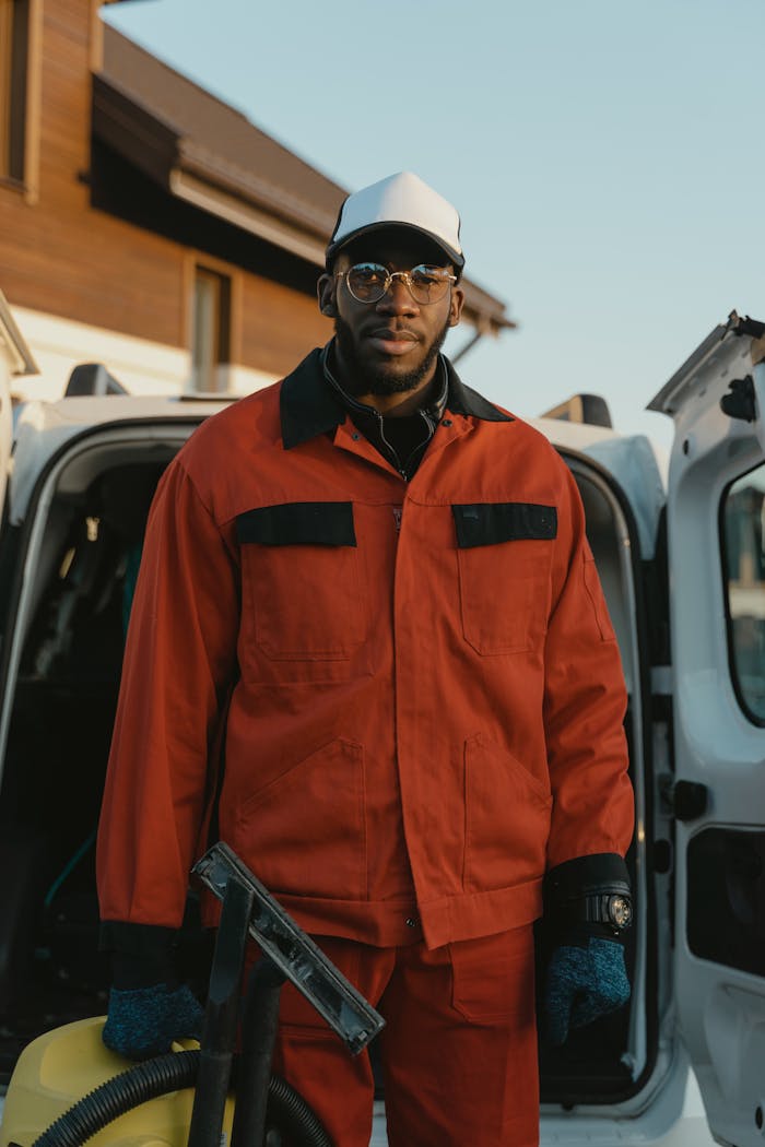digital Man in red uniform standing by a vehicle, representing professional cleaning services.