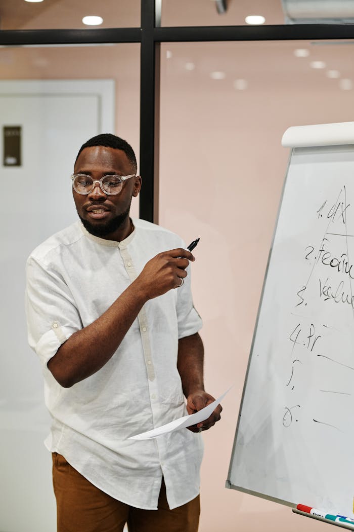 creative-01 Man presenting at whiteboard in an office, explaining concepts with confidence.