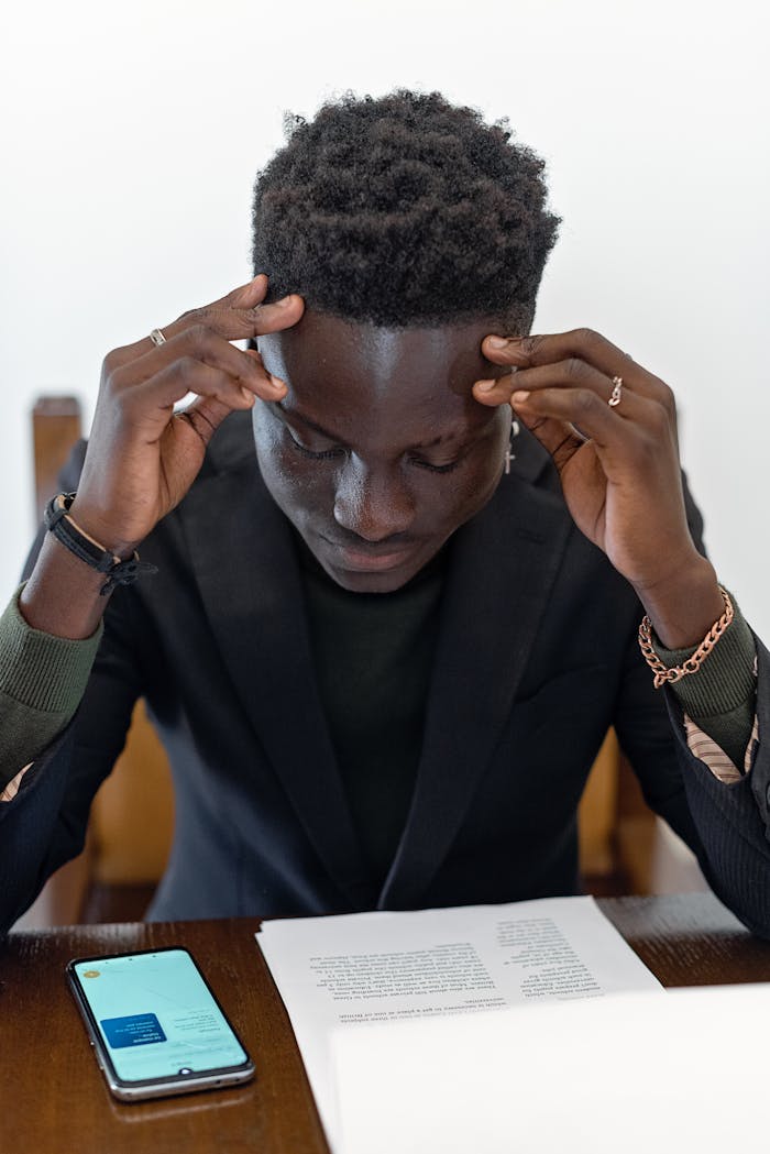 why-choose-us Black male in business attire reading documents with a smartphone nearby, concentrating deeply.