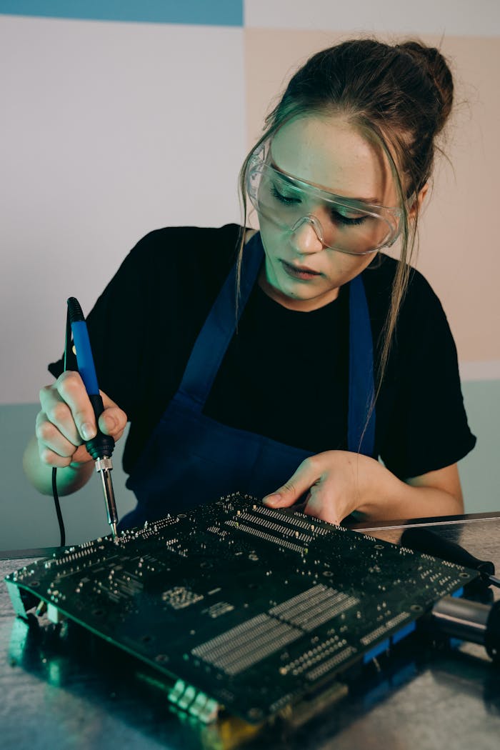 creative-02 A young woman in an apron and goggles soldering a circuit board indoors.