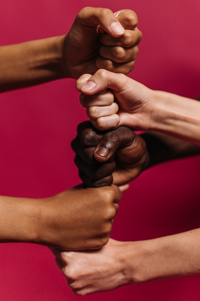 creative-03 Close-up of diverse hands clenched together against a vibrant pink background symbolizing unity and strength.